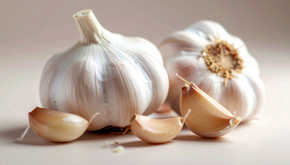 Fresh garlic bulbs and cloves on a neutral background, showcasing their natural beauty and culinary use.