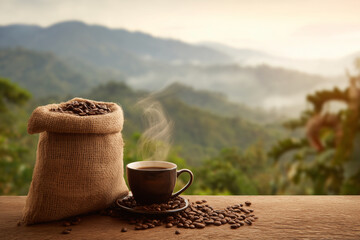 A bag of coffee beans sits on a table next to a cup of coffee. The scene is set in a mountainous area, with the mountains in the background