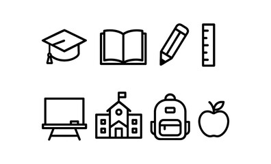 Education icon set: graduation cap, book, pencil, ruler, blackboard, school, backpack, apple vector illustration