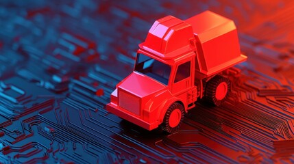 Toy truck on circuit board background with blue-red lighting