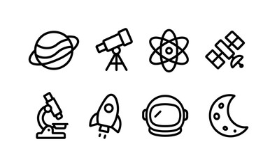 Iconic space exploration symbols: telescope, rocket, satellite, astronaut, moon vector illustration