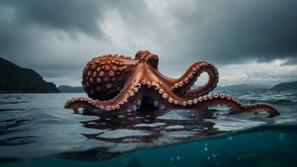 Naklejka premium Giant Octopus Resting on the Ocean Surface Under Cloudy Sky