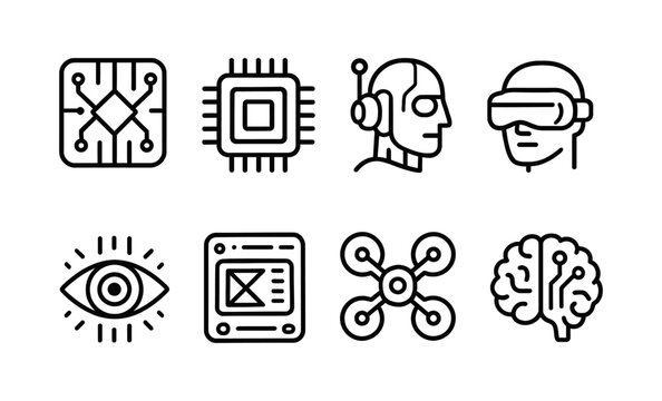 Futuristic technology icons: ai, vr, robotics, and microchips in bold line art vector illustration