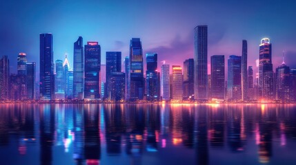 Fototapeta premium Vibrant skyline reflection on serene waters at night, a cityscape dream