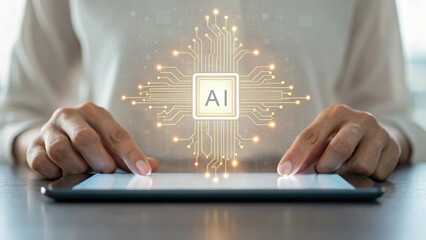 AI support for financial institutions. Hands using a tablet with an AI graphic overlay. AI for customer service.