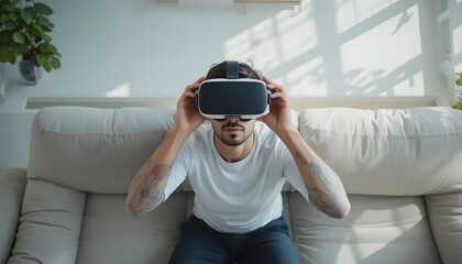 Man using virtual reality headset on sofa for immersive gaming and entertainment experience
