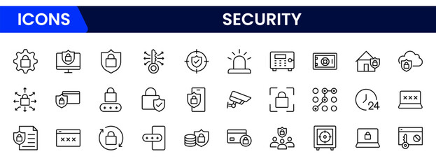 Naklejka premium Robust vector web line icons depicting security, cybersecurity, locks, encryption, protection, and safe digital environments for user confidence.