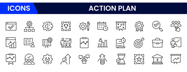 Strategic vector web line icons depicting action plans, goals, timelines, tasks, and organized workflows for effective project execution.