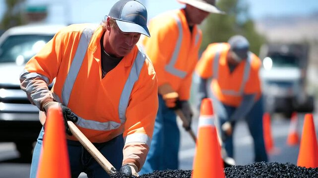 Group of workers meticulously setting up traffic cones and guiding vehicles on newly paved road, reflective jackets glistening under sun