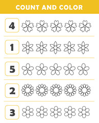 Count and color educational children activity with cute flowers. Mathematics worksheet for kids. Math activities for toddlers to practice early math concepts.