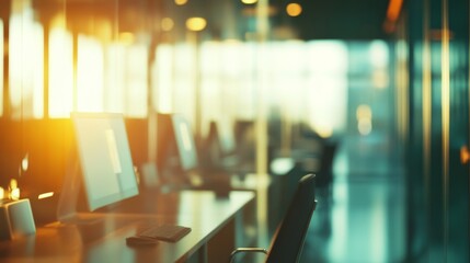 Modern open-plan corporate office with contemporary desks, ergonomic chairs, desktop computers, and bright natural daylight creating a professional and collaborative work environment
