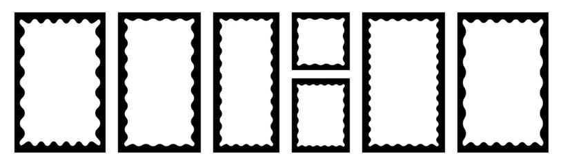 Set of black rectangular frames with inner corrugated wavy stamp-style cutouts. Text box frameworks with curvy inner border. 