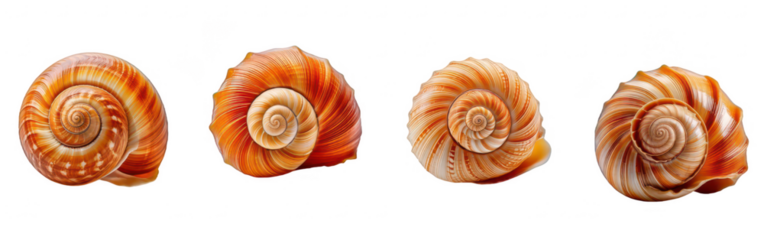 Four Seashells with Spiral Pattern on Black Background