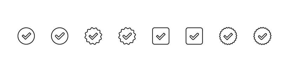 Checkmark icon. Check mark vector set. Checkmark line icon set. Checkbox sign. Vote sign. Correct yes sign. Isolated checkmark vector line set.
