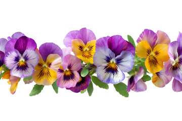 Fototapeta premium vibrant row of colorful pansies blooms isolated on white background
