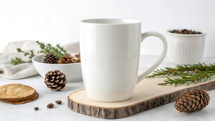A white mug on a wooden board with pine cones and coffee beans