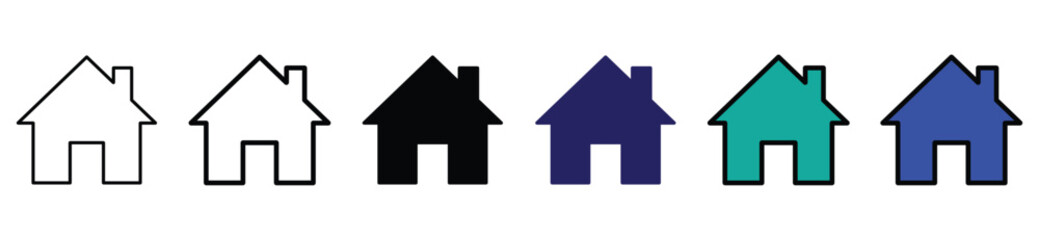 Home Icon Set – Outline and Filled House Symbols for Web, App, and Interface Design