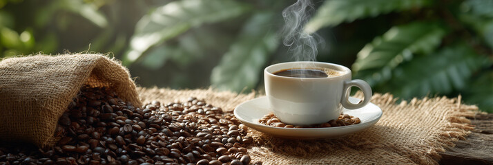 A white coffee cup sits on a table with a bag of coffee beans next to it. The coffee cup is filled with hot coffee, and steam is rising from it. Concept of relaxation and comfort