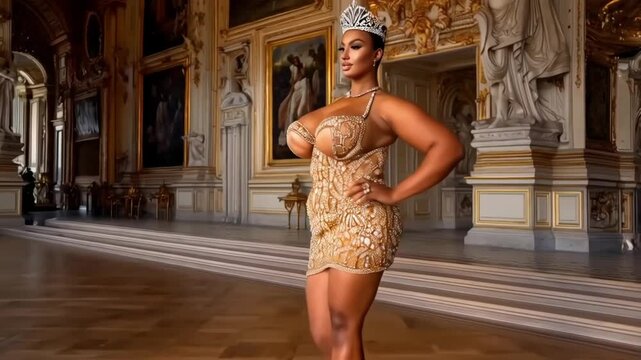 Beautiful adult mature woman with very big breast  in sexy royal clothing and crown walking in the palace - slow motion