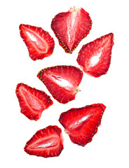 Dried strawberry slices isolated on white background. Dehydrated strawberries chips. Clipping path. Top view.