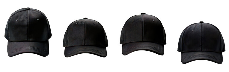 Fototapeta premium Row of Black Leather Baseball Caps on Black Background