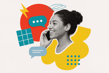 Creative collage of a young woman talking on a smartphone, surrounded by colorful graphic elements, representing communication and connection