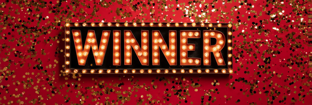 A sign that says "Winner" is lit up on a red background. The sign is surrounded by glitter, which adds a festive and celebratory atmosphere to the image. The combination of the bright lights