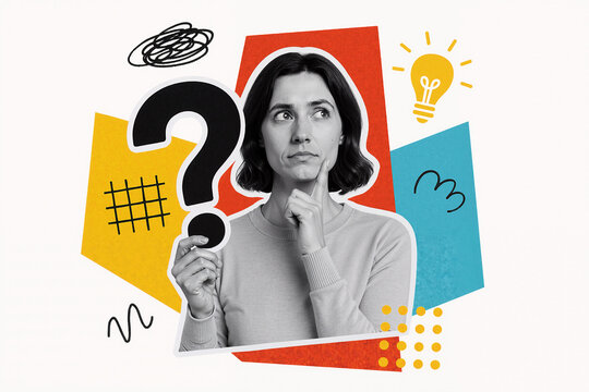 Pensive businesswoman holding question mark and thinking about solution, finding new ideas