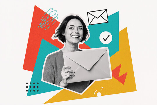 Creative collage suggesting email marketing and successful newsletter campaign with happy businesswoman holding envelope