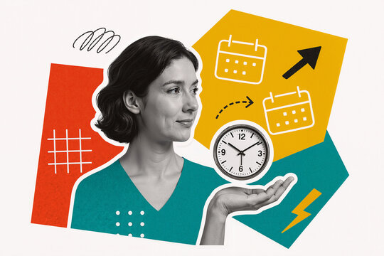 Creative collage of businesswoman managing time and schedule, moving date on calendar and holding clock in her hand
