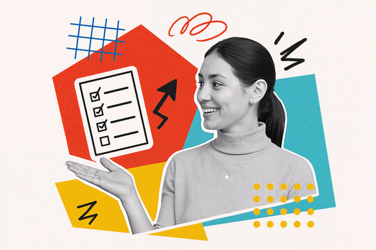 Creative collage representing positive business performance with checklist and trend, ideal for advertising campaigns