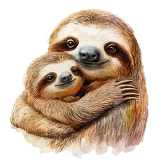 A Mother Sloth With Her Kid, watercolor vector, isolated on a white background. © AMIDCO