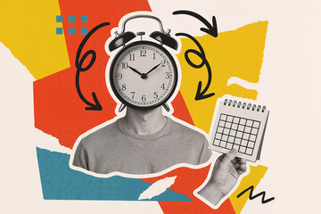 Creative collage of man with alarm clock head holding calendar, symbolizing time management, planning, and scheduling