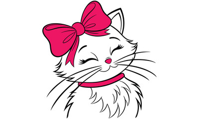Cute cartoon cat with pink bow and collar isolated on transparent background