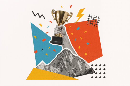 Creative collage about reaching the top and celebrating victory with a golden trophy