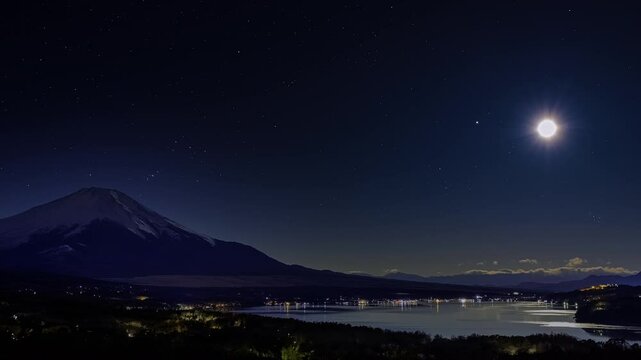 HDR - Mount Fuji and Lake Yamanaka lit by moonlight. - 4096 x 2304 - HLG 2100 - 月明かりに映える富士山と山中湖
