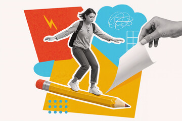 Fototapeta premium Creative collage suggesting education challenges, creativity and inspiration, featuring a student surfing on a pencil