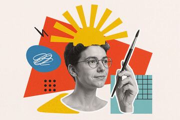Artist holding brush composing creative collage with geometric shapes and sun