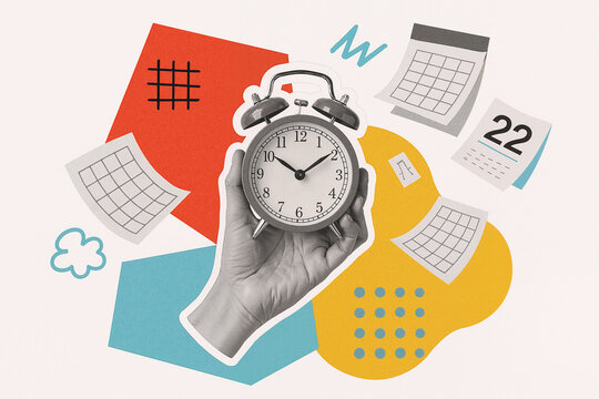 Hand holding alarm clock with calendars and colorful abstract shapes in the background, time management concept 