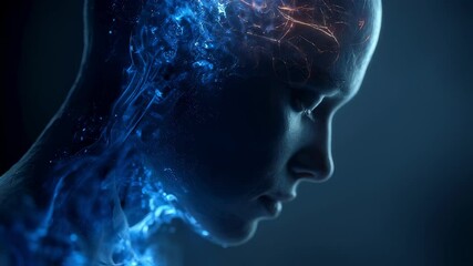 Glowing blue and orange particles visualizing melatonin hormone changes in shift worker's brain during night work, revealing disrupted sleep cycle dynamics - Powered by Adobe