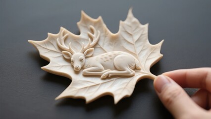 Fototapeta premium Intricate Carving of a Deer on a Maple Leaf