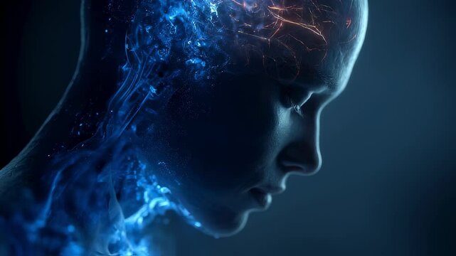 Glowing blue and orange particles visualizing melatonin hormone changes in shift worker's brain during night work, revealing disrupted sleep cycle dynamics