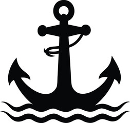 Simple black and white anchor icon above stylized waves silhouette image