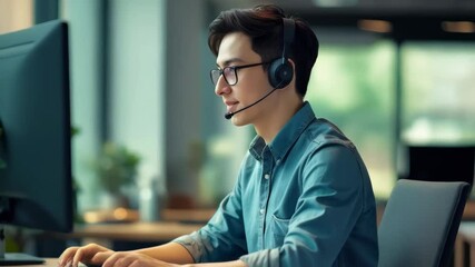Male agent offers headset support, focused on tasks and communication. Questions customer service