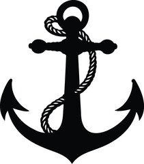 Bold black nautical anchor entwined with rope silhouette isolated on white