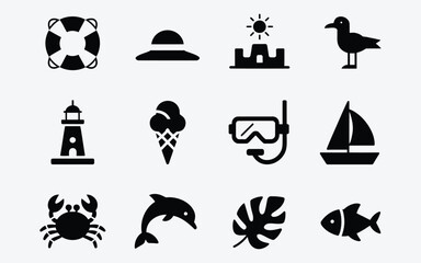 Summer vacation icons set travel sea and beach elements