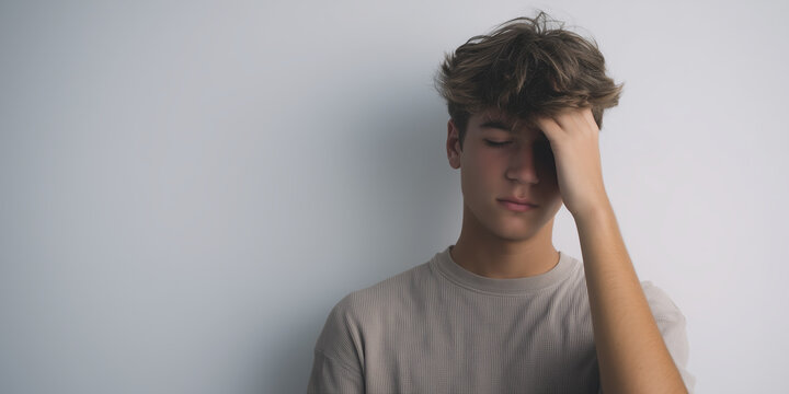 Young male with tousled hair, wearing a light shirt, is holding his forehead in a moment of contemplation, against a soft, neutral background, conveying feelings of stress and introspection - Powered by Adobe