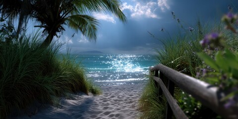 Tranquil beach pathway leading to sparkling ocean under a serene morning sky