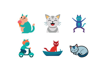 Six Colorful Cartoon Cats in Flat Style