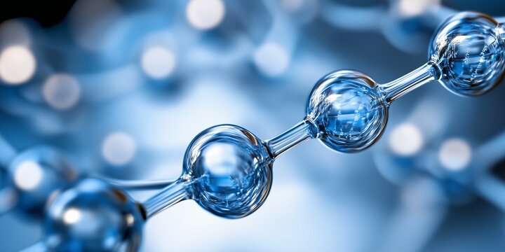 Glass molecule structure forming a network on blue background